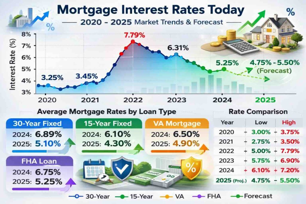 Mortgage interest rates 2020 to 2025 chart with 30 year fixed, 15 year fixed, VA and FHA loan rates