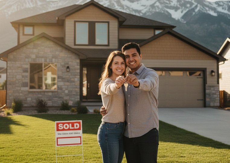 A happy couple standing in front of a modern suburban Utah home holding a "Sold" sign.