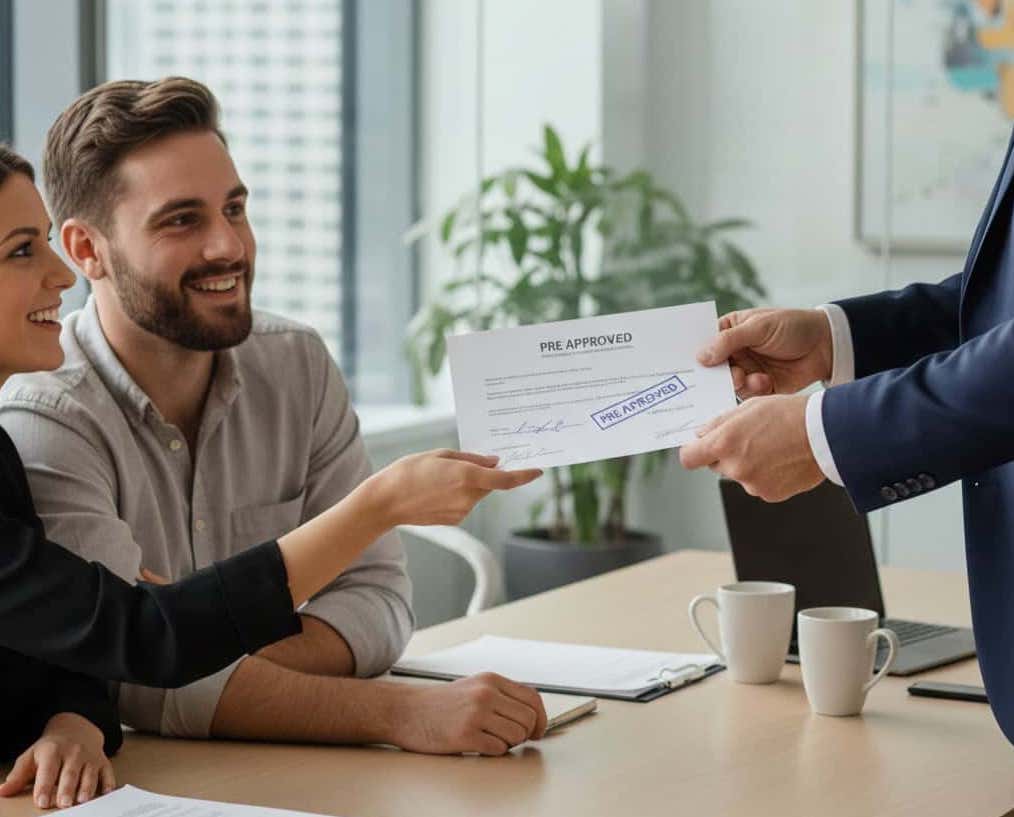 A smiling young couple sits at a wooden conference table in a modern Brokers Office, reaching out to receive a vetted mortgage pre-approval from a person in a navy suit. The document is clearly labeled "PRE APPROVED."