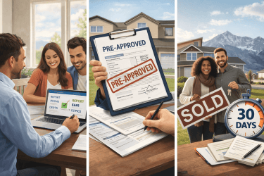 Image illustrating the mortgage loan approval process, featuring a couple reviewing mortgage pre-qualification on a laptop, a pre-approved mortgage document, and a happy couple holding a 'SOLD' sign with a 30-day countdown in front of their new home. This is depicting the three major stages of navigating the mortgage journey.