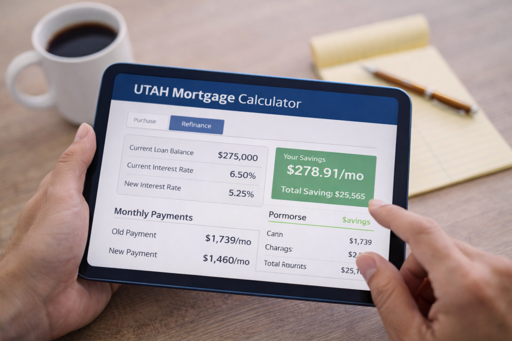 A digital tablet displaying a Utah mortgage calculator showing monthly savings from refinancing
