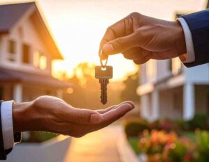 A close-up of house keys being handed over, representing the final step after applying for a mortgage.