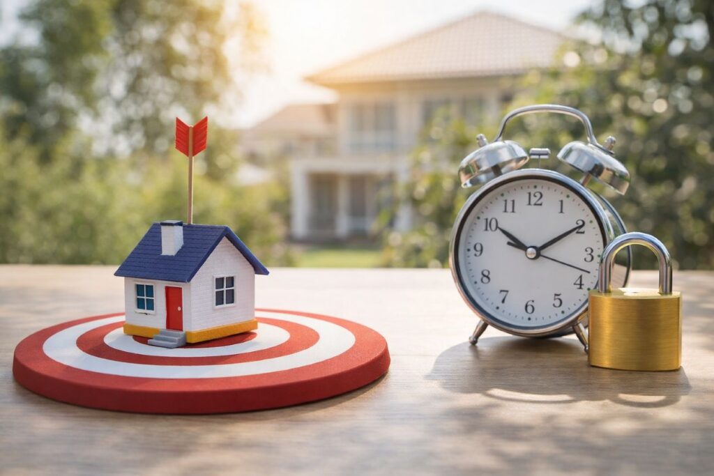 Home on a target with an arrow, alarm clock, and padlock representing best time to lock mortgage rate during changing mortgage rate trends