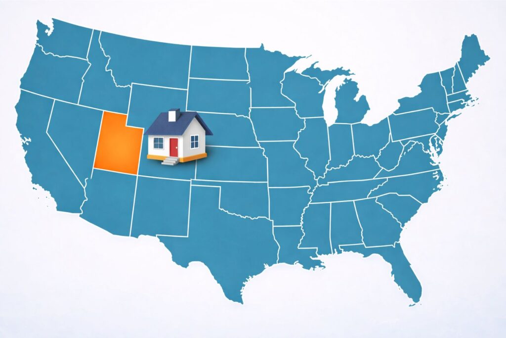 Map of the United States highlighting Utah with a house icon to represent current mortgage rates Utah compared to national mortgage rate trends