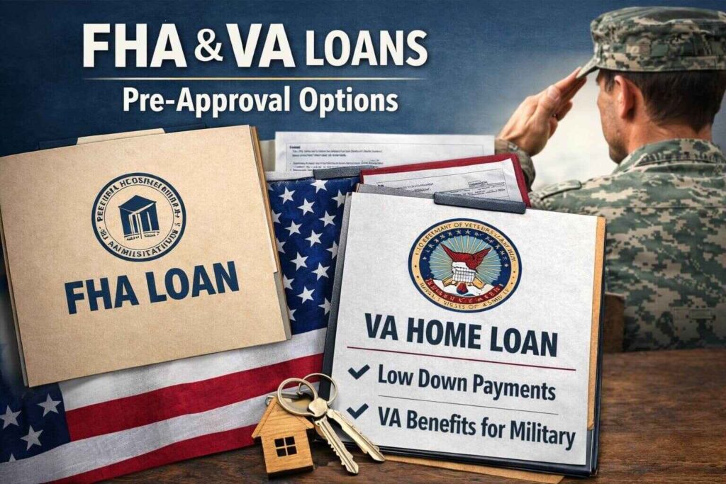 FHA and VA loan pre-approval options shown with FHA and VA loan folders on an American flag and a service member saluting.