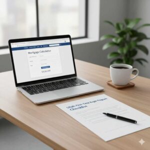 A professional workspace featuring a mortgage calculator and financial documents, illustrating the research and budgeting phase of the home buying process.