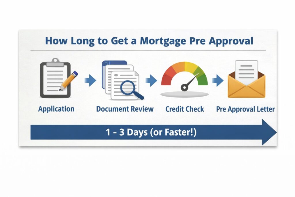 Infographic titled “How Long to Get a Mortgage Pre Approval” showing the steps Application → Document Review → Credit Check → Pre Approval Letter with a timeline of 1–3 days (or faster).