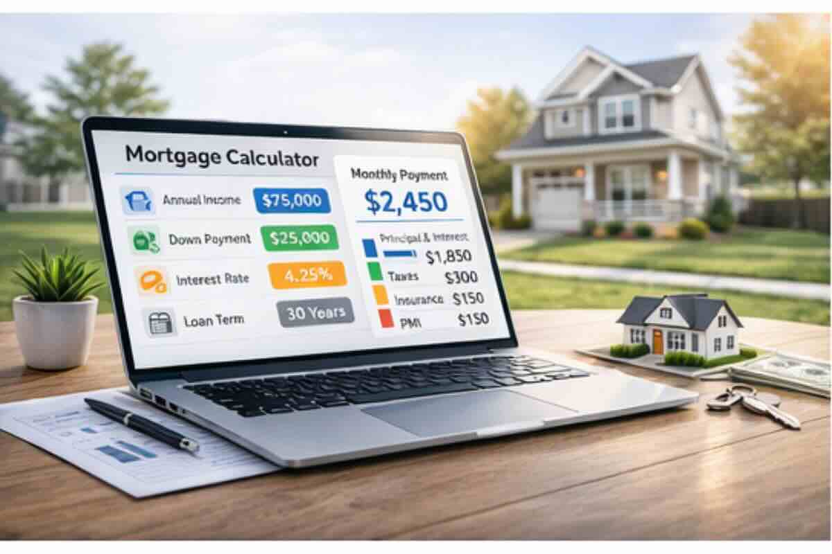 Mortgage affordability calculator showing income, taxes, PMI, and monthly payment breakdown.
