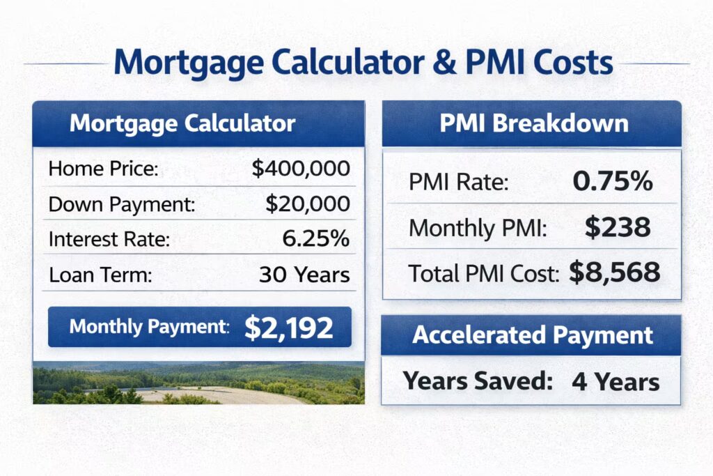 Mortgage interest calculator and private mortgage insurance rates example for Utah home loan