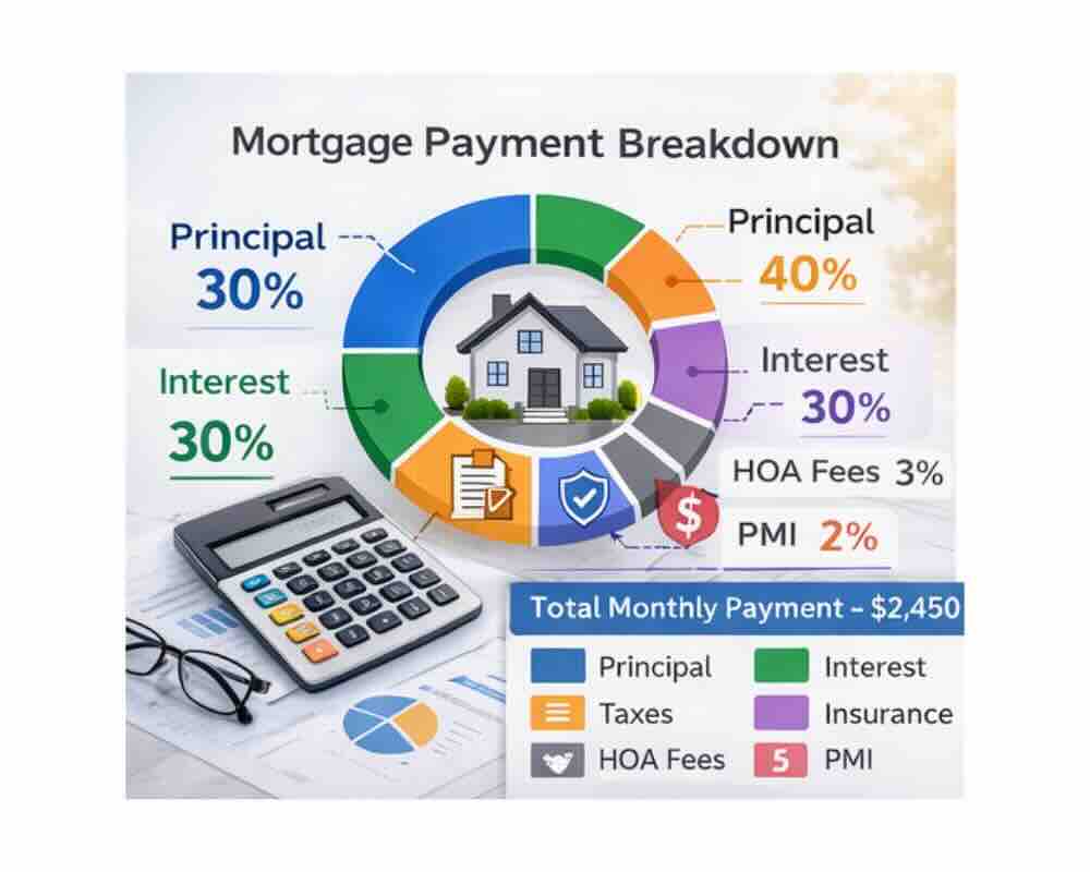 Mortgage payment breakdown including principal, interest, taxes, insurance, HOA fees, and PMI.