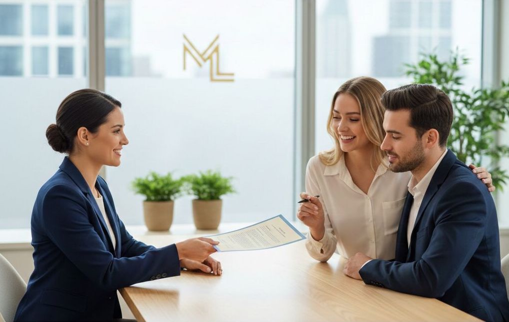 A married couple in a mortgage pre-approval meeting with a mortgage broker.