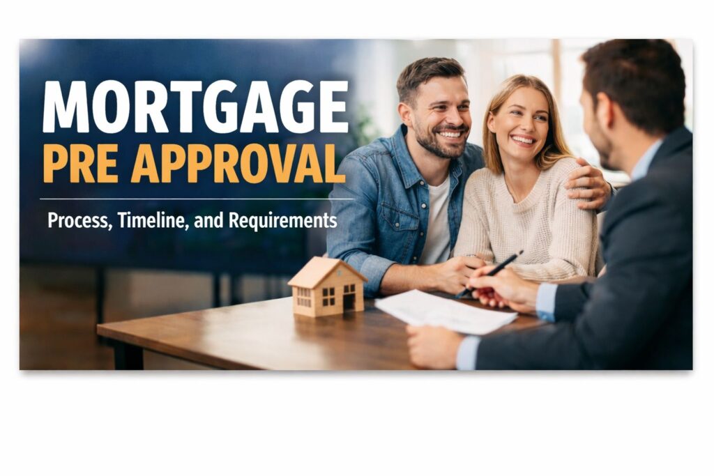 A couple in a mortgage pre approval consultation, titled "Mortgage Pre Approval Process, Timeline, and Requirements