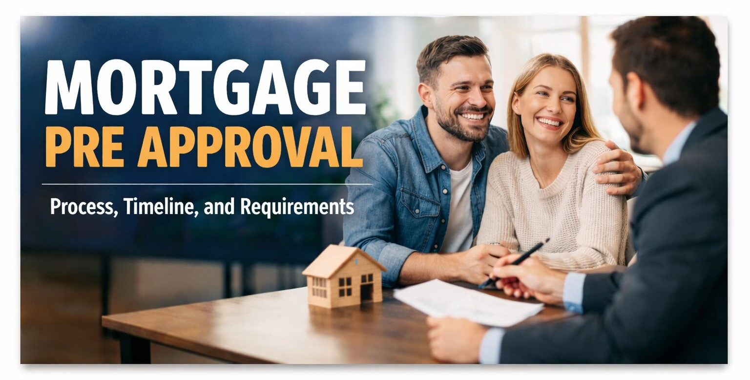 A couple in a mortgage pre approval consultation, titled "Mortgage Pre Approval Process, Timeline, and Requirements