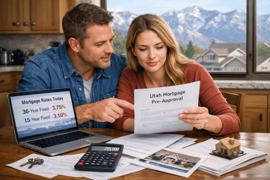 Current image: Utah couple reviewing mortgage pre approval documents with calculator