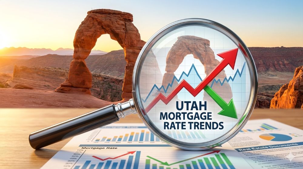 Magnifying glass showing 2026 Utah mortgage rate trends with rising and falling arrows over financial chart with Delicate Arch background
