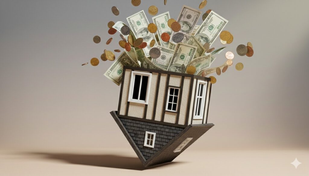 A small house sitting upside down on its roof showing money coming out of the top that someone can save with a top rated reverse mortgage company.