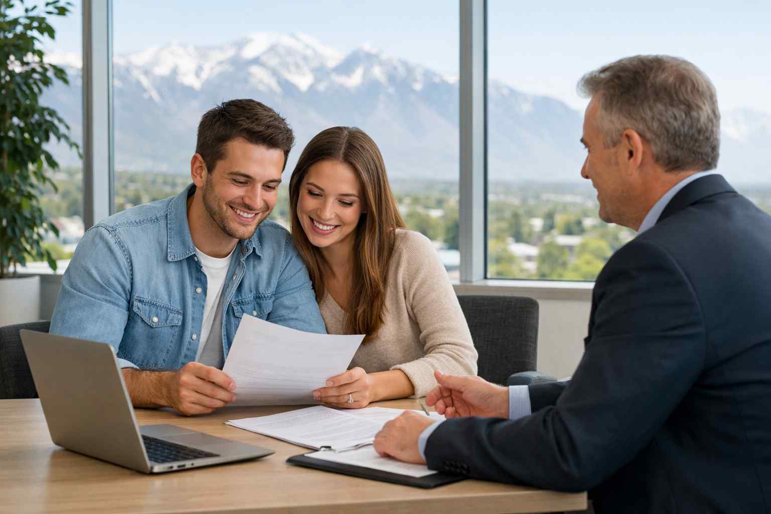 Utah first time home buyer meeting with mortgage advisor discussing loan programs.