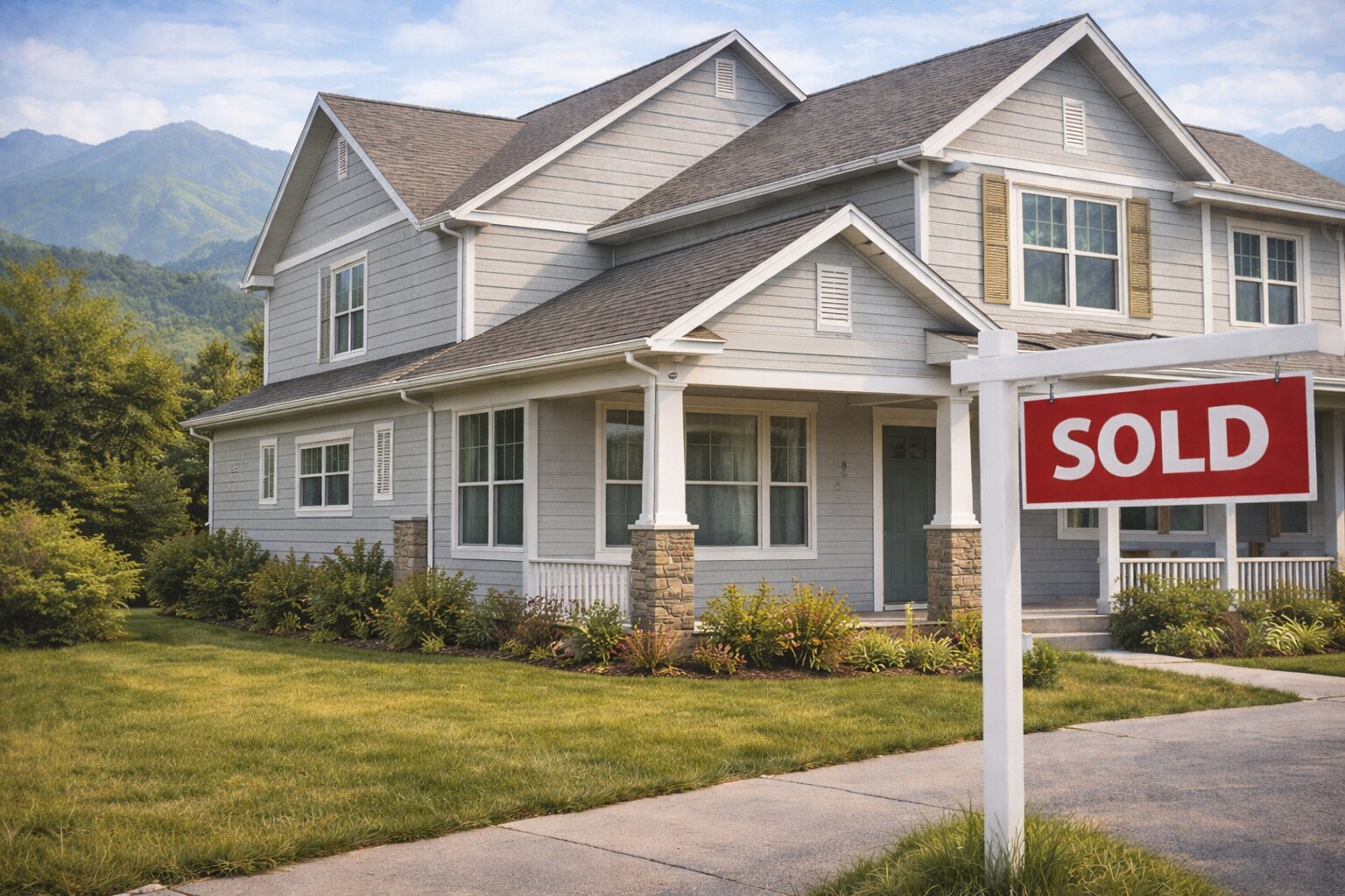 Beautiful two-story home in Utah with a sold sign in the front yard and mountains in the background