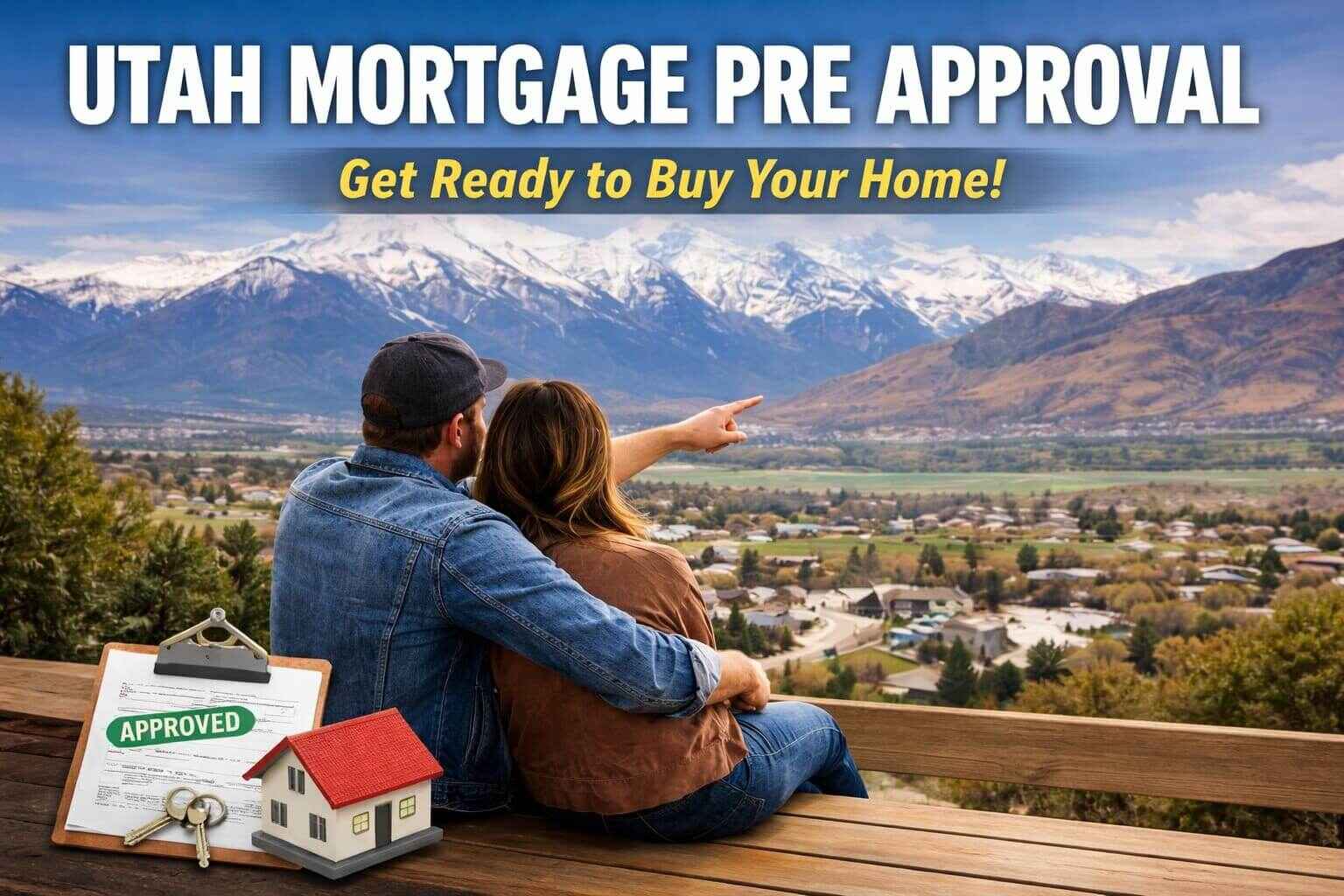 Utah mortgage pre approval banner showing a couple overlooking a Utah valley and mountains with an approved document, keys, and a small house model.