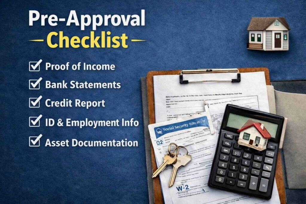 Mortgage pre-approval checklist with icons and documents, including proof of income, bank statements, credit report, ID, and asset documentation next to a calculator and house model.