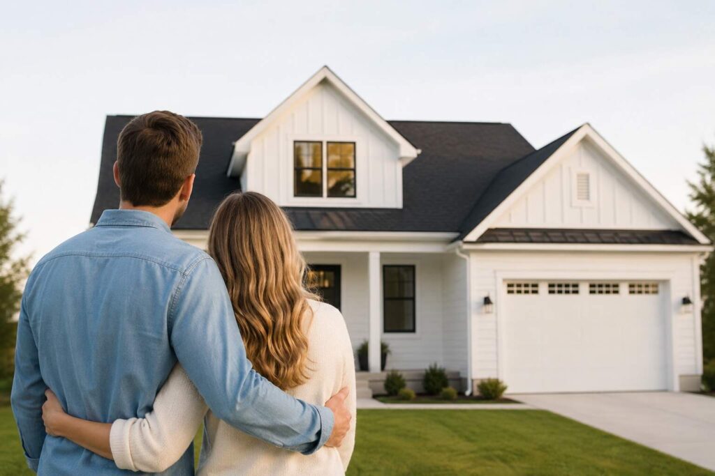 Couple considering interest rates today before applying for a mortgage on a new home