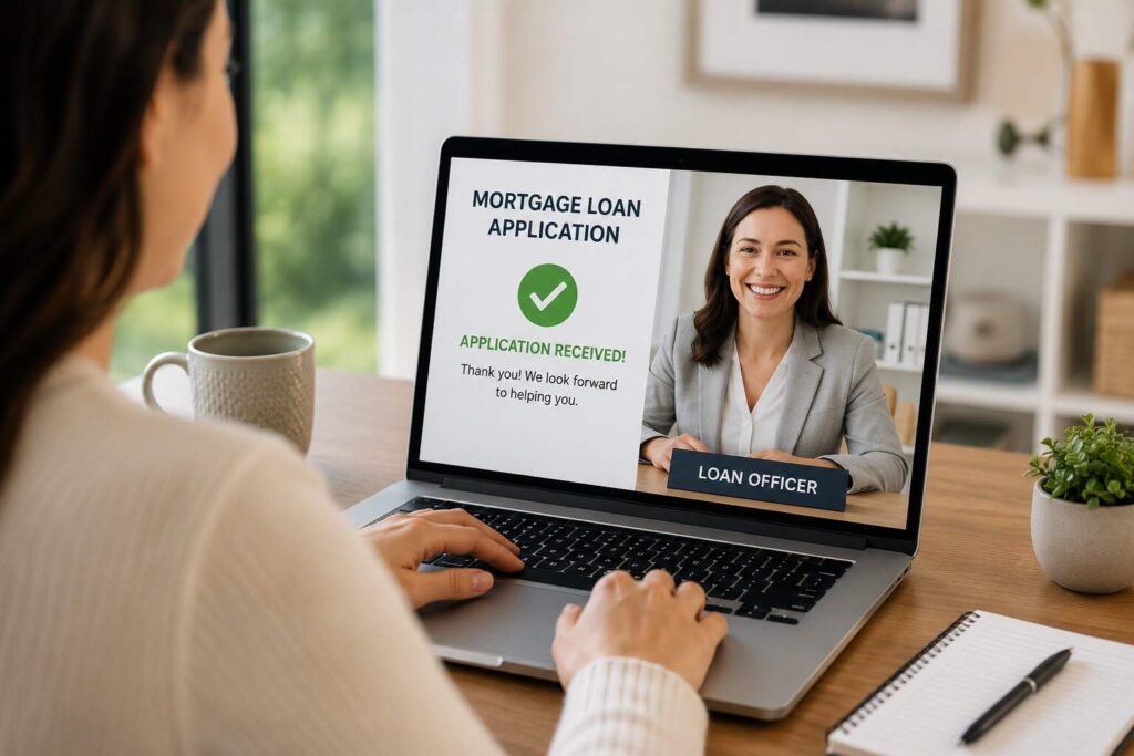 Home buyer completing mortgage pre-approval online to apply for a mortgage with a loan officer.