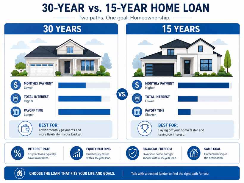 Side-by-side comparison of 30 year fixed mortgage rates Utah and 15 year mortgage rates Utah, showing the monthly payment and total interest trade-off.