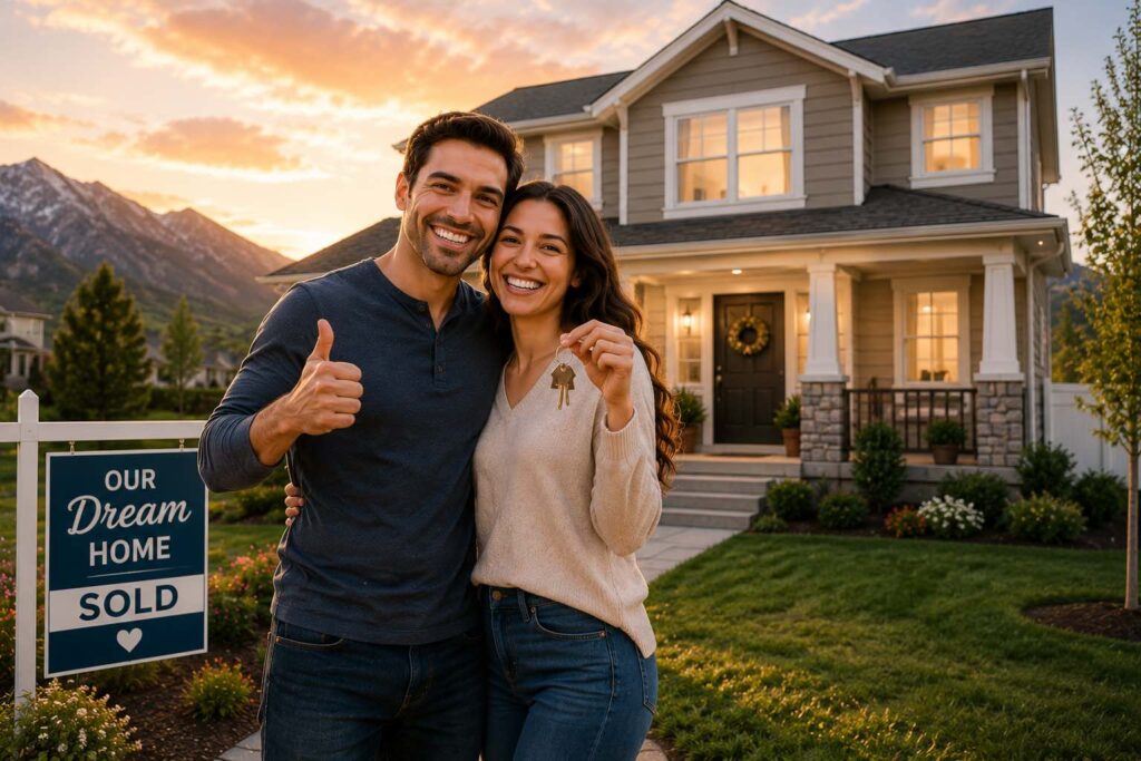 Happy young married couple standing in front of their new Utah home after successfully navigating the mortgage process and purchasing their dream house.
