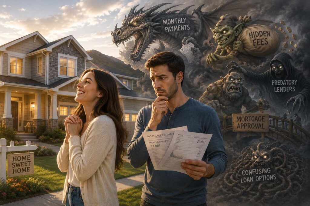 A young married couple standing in front of a beautiful dream home, while the wife sees her dream home and the husband worries about hidden nightmares and risks.