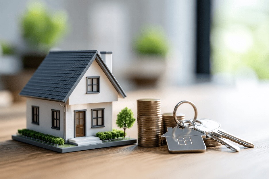model home on desk next to new home keys and a stack of coins.