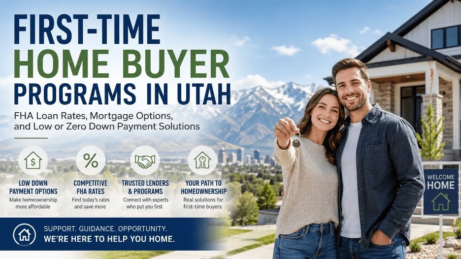 Husband and wife hold their keys to the first-time home they just purchased and pose outside with the home and the Utah mountains in the background.