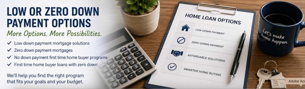 graphic explaining low or zero down payment options. Background is a picture of a clipboard explaining home loan options alongside a coffee mog, plant, calculator, and keys to a home.