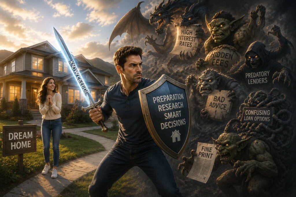 First-time home buyer researching down payment assistance programs in Utah, conceptualized as a wife standing and watching the ‘hero’ with the sword of knowledge and shield of Preparation, Research, and Smart Decisions.
