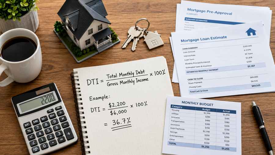 Calculator, mortgage estimate, monthly budget, house keys, and a written formula showing how to calculate debt-to-income ratio for a mortgage.