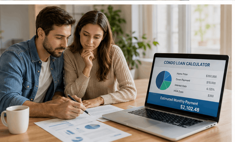 Homebuyers reviewing a condo loan calculator and comparing condo mortgage rates