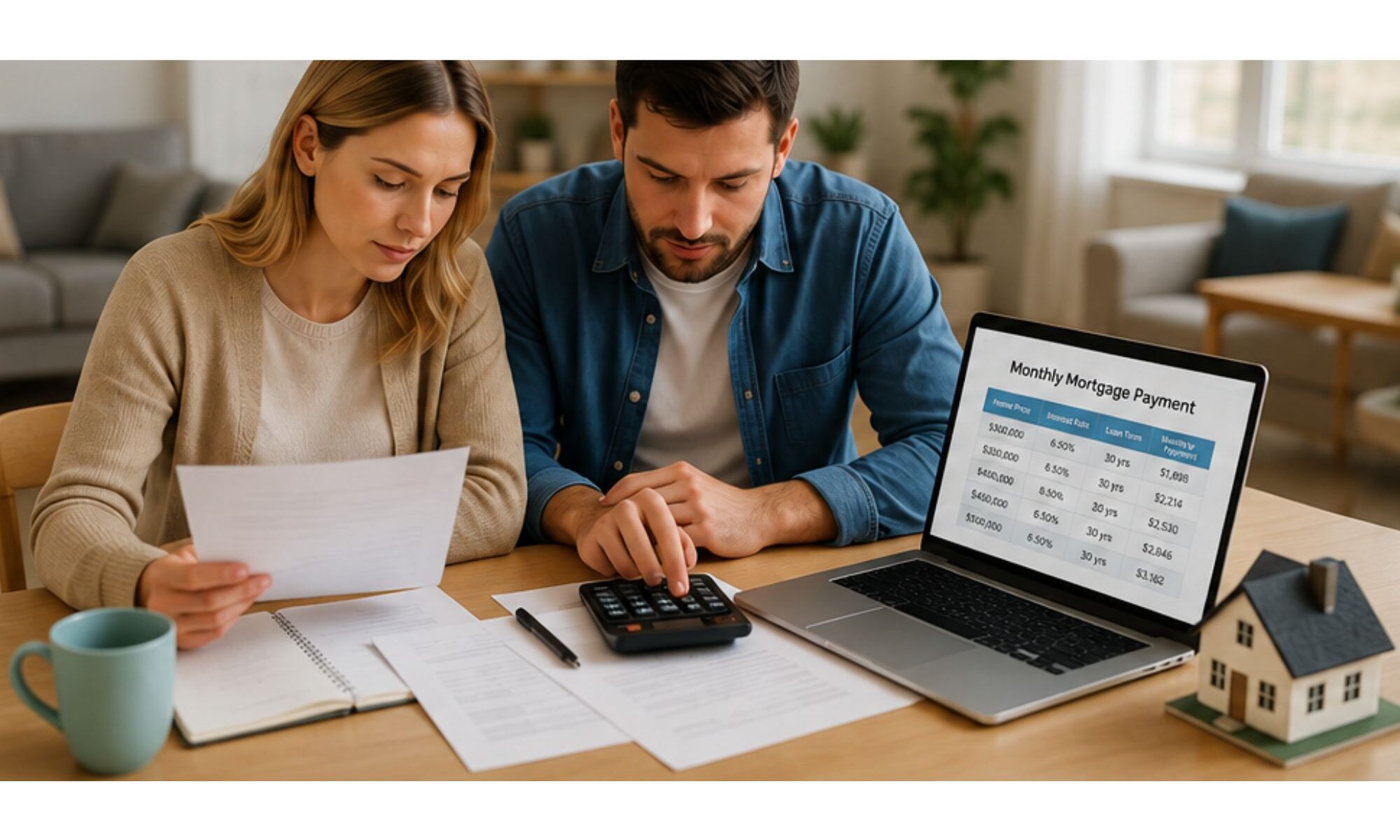 Couple calculating monthly mortgage payments and comparing home affordability before purchasing a house.