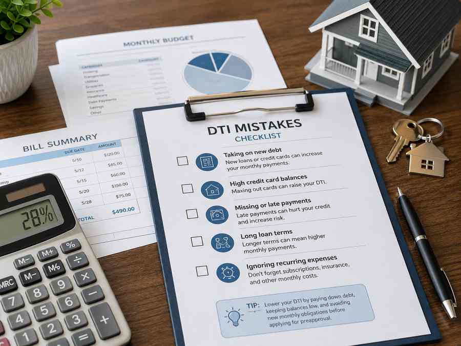 Checklist of common DTI mistakes beside a calculator, monthly budget, model home, and house keys.