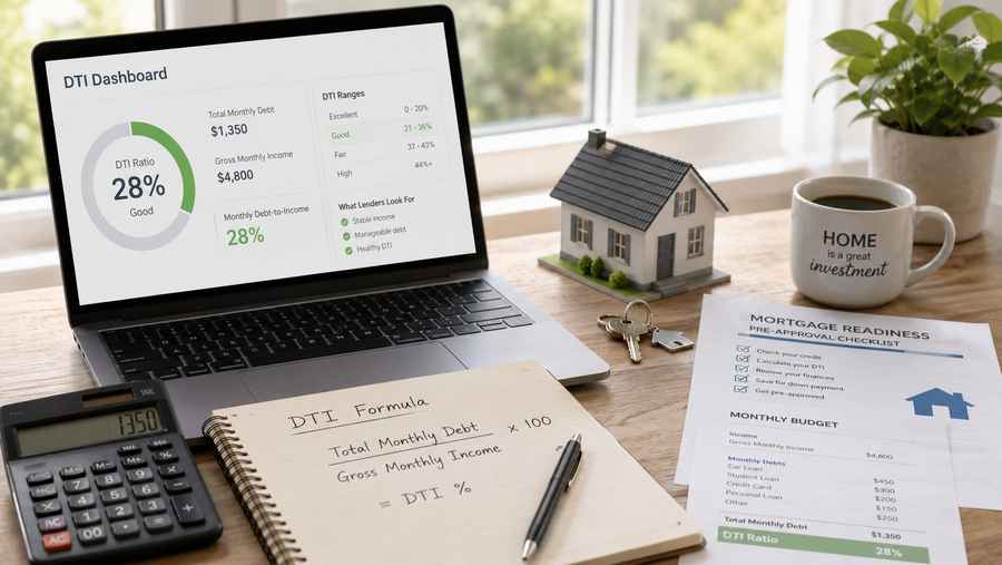 Laptop displaying a 28 percent DTI dashboard beside a mortgage-readiness checklist, calculator, model home, and house keys.