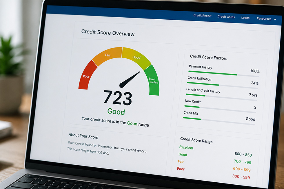 Laptop showing a credit score dashboard, illustrating the minimum credit score needed to get a mortgage in Utah