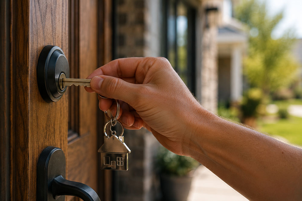Hand unlocking the front door of a new Utah home after a successful mortgage approval