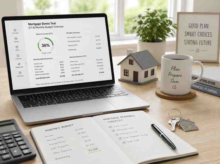 Home-loan worksheet comparing a baseline DTI with higher housing cost, lower income, and debt-payoff scenarios.