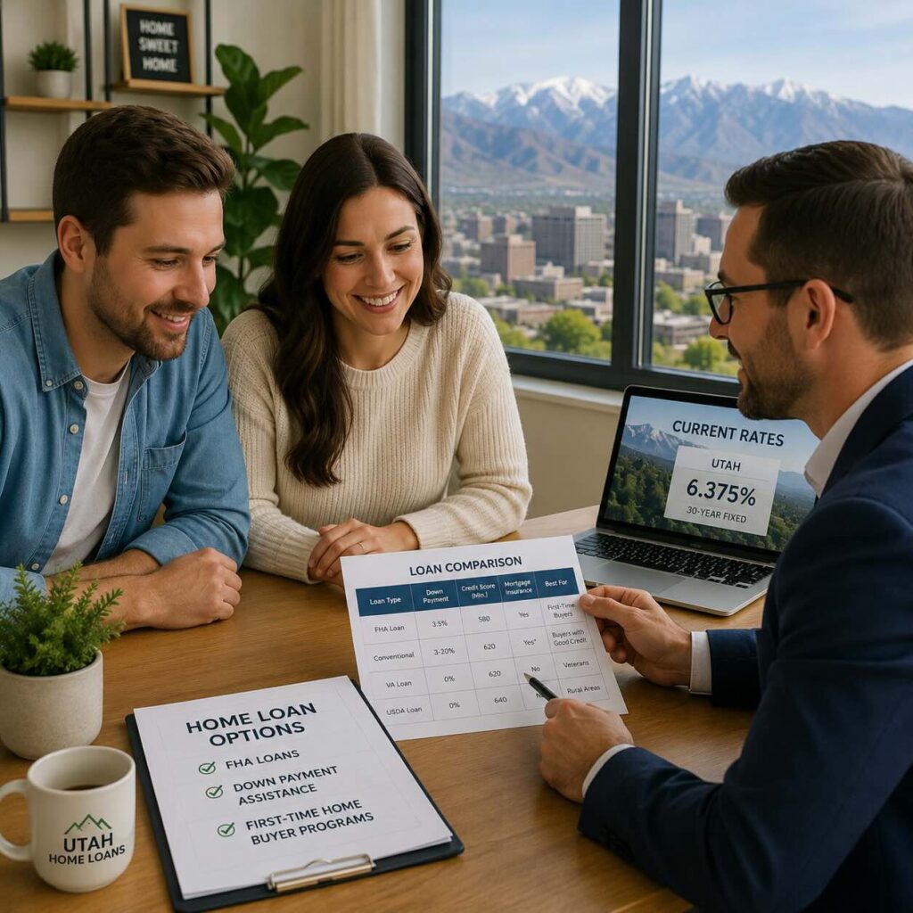 A Utah mortgage lender meeting with first-time home buyers to discuss FHA loans, down payment assistance, and mortgage options.