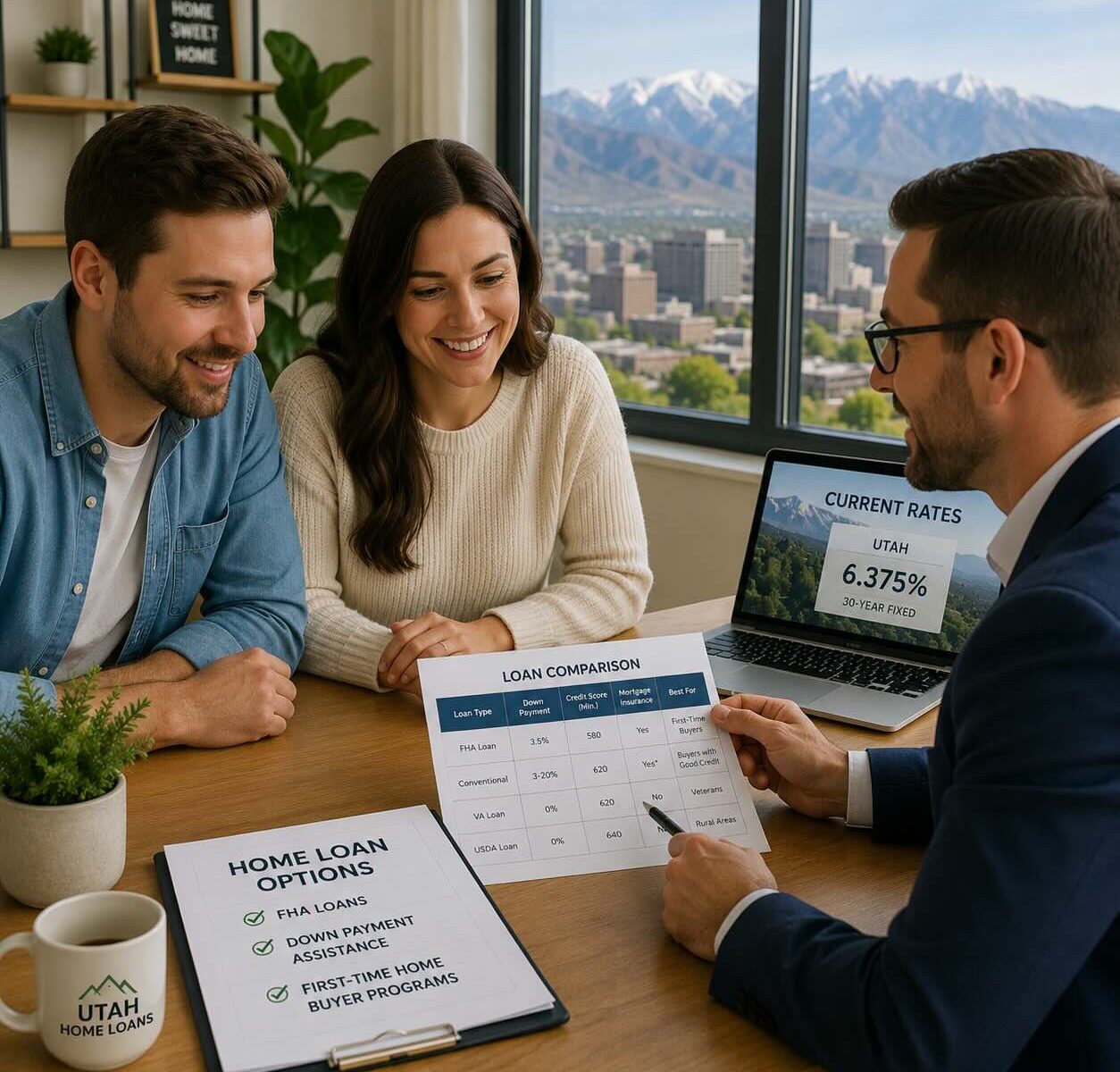 A Utah mortgage lender meeting with first-time home buyers to discuss FHA loans, down payment assistance, and mortgage options.