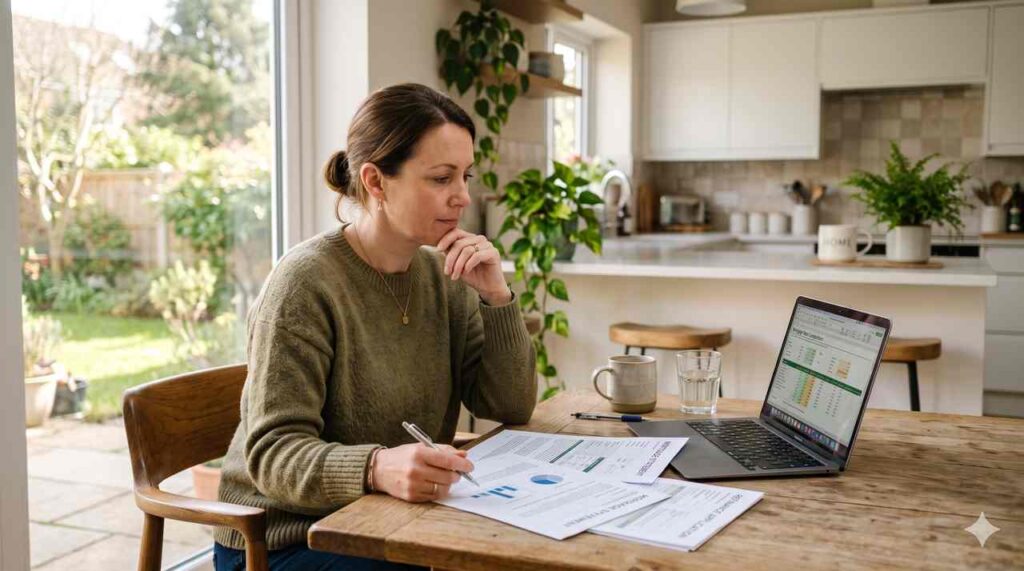 Homeowner reviewing refinance options at a kitchen table to decide whether to refinance their home