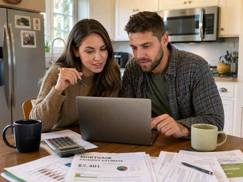 Couple at a kitchen table using a Utah mortgage rate calculator on a laptop to estimate their monthly mortgage payment.