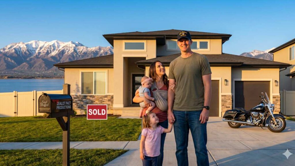 A veteran family standing in front of a new home in Utah, illustrating the benefits of Utah VA home loan rates and 100 percent financing options.