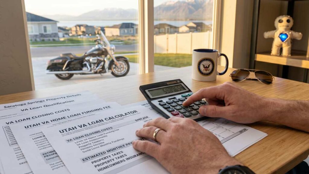 A close-up view of a calculator and loan paperwork, illustrating how to calculate VA loan closing costs and funding fees. 