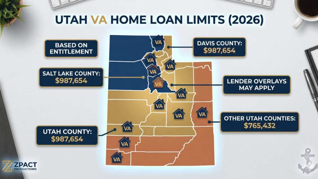 A clean real estate infographic map explaining VA loan limits in Utah and essential VA home loan Utah requirements for 2026.