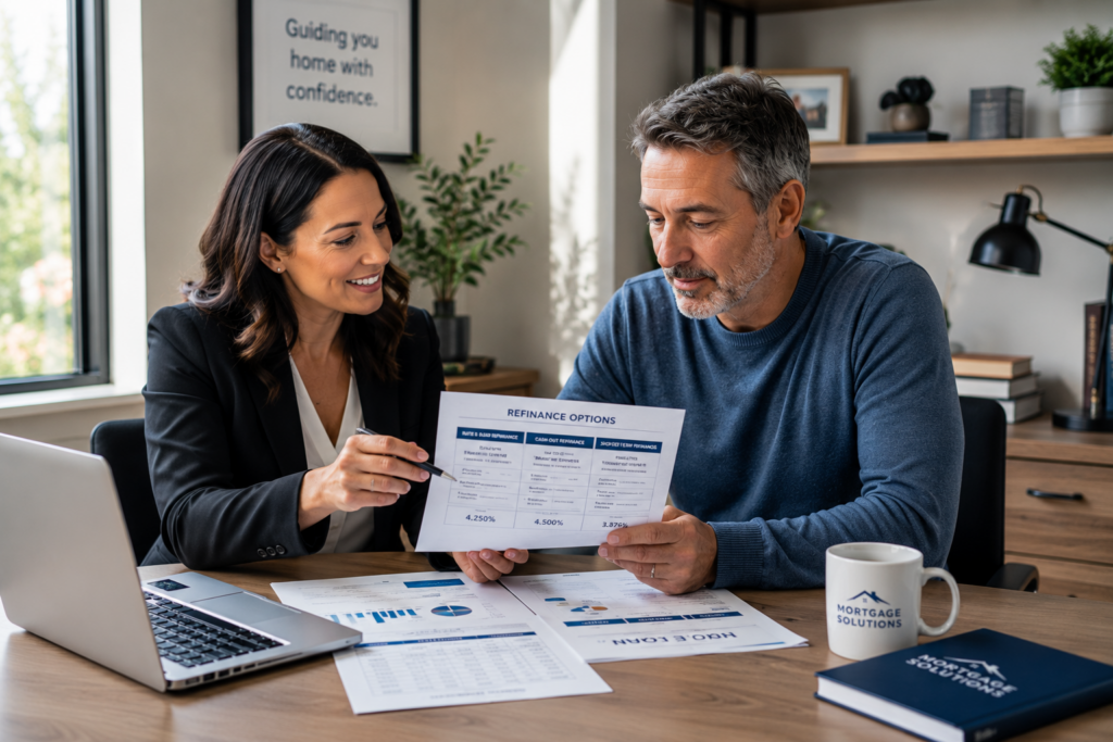 Utah homeowner reviewing refinance loan options with a mortgage specialist