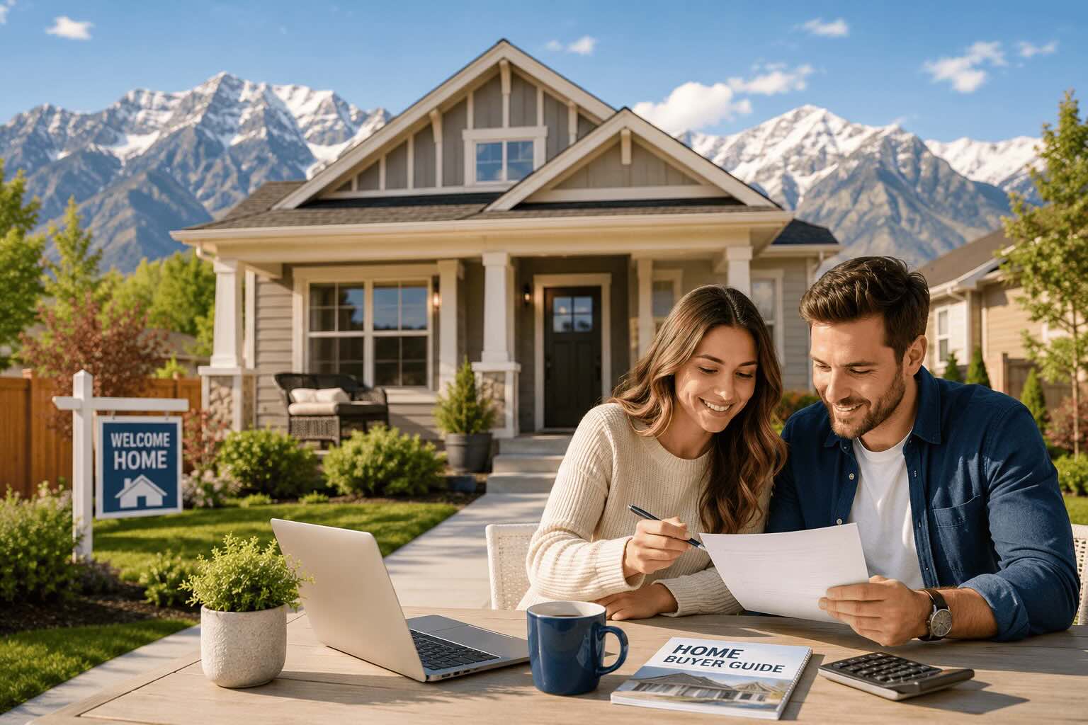 First time home buyers reviewing mortgage paperwork in front of a Utah home.
